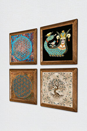 Yaşam Çiçeği, Şahmeran, Hayat Ağacı Taş Duvar Tablosu Ahşap Çerçeveli Duvar Dekoru 4 Parça Tablo Seti Wall Art