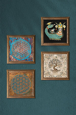 Yaşam Çiçeği, Şahmeran, Hayat Ağacı Taş Duvar Tablosu Ahşap Çerçeveli Duvar Dekoru 4 Parça Tablo Seti Wall Art