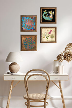 Yaşam Çiçeği, Lale, Şahmeran Taş Duvar Tablosu Ahşap Çerçeveli Duvar Dekoru 4 Parça Tablo Seti Wall Art