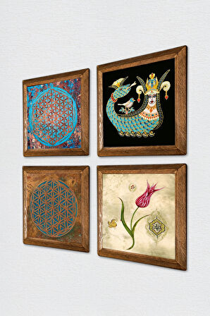 Yaşam Çiçeği, Lale, Şahmeran Taş Duvar Tablosu Ahşap Çerçeveli Duvar Dekoru 4 Parça Tablo Seti Wall Art