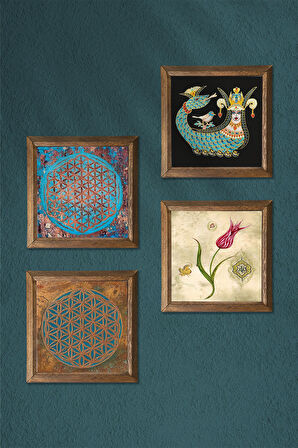 Yaşam Çiçeği, Lale, Şahmeran Taş Duvar Tablosu Ahşap Çerçeveli Duvar Dekoru 4 Parça Tablo Seti Wall Art