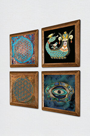 Nazar, Yaşam Çiçeği, Şahmeran Taş Duvar Tablosu Ahşap Çerçeveli Duvar Dekoru 4 Parça Tablo Seti Wall Art