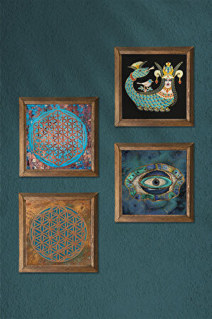 Nazar, Yaşam Çiçeği, Şahmeran Taş Duvar Tablosu Ahşap Çerçeveli Duvar Dekoru 4 Parça Tablo Seti Wall Art