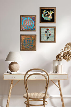 Ebru Sanatı, Yaşam Çiçeği, Şahmeran Taş Duvar Tablosu Ahşap Çerçeveli Duvar Dekoru 4 Parça Tablo Seti Wall Art