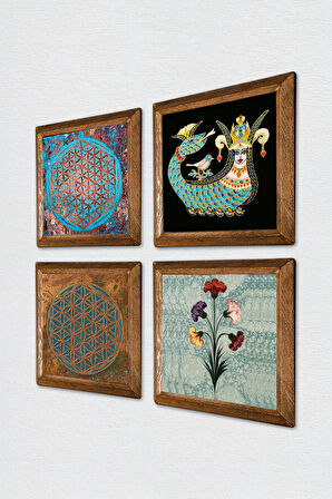 Ebru Sanatı, Yaşam Çiçeği, Şahmeran Taş Duvar Tablosu Ahşap Çerçeveli Duvar Dekoru 4 Parça Tablo Seti Wall Art
