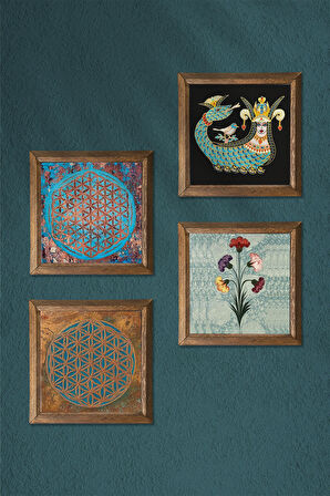 Ebru Sanatı, Yaşam Çiçeği, Şahmeran Taş Duvar Tablosu Ahşap Çerçeveli Duvar Dekoru 4 Parça Tablo Seti Wall Art