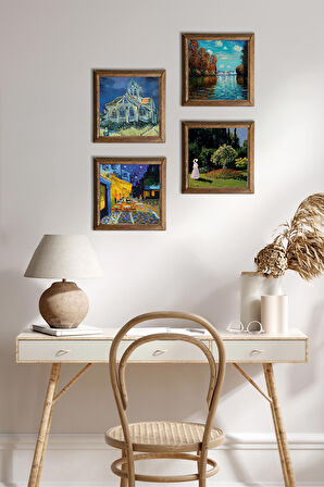 Van Gogh, Claude Monet Taş Duvar Tablosu Ahşap Çerçeveli Duvar Dekoru 4 Parça Tablo Seti Wall Art