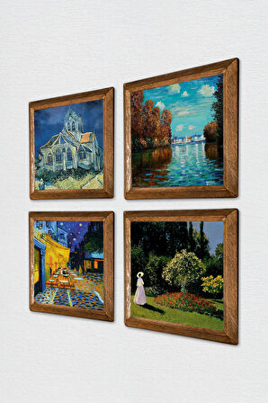 Van Gogh, Claude Monet Taş Duvar Tablosu Ahşap Çerçeveli Duvar Dekoru 4 Parça Tablo Seti Wall Art