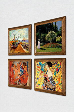 Picasso, Van Gogh, Gustav Klimt, Claude Monet Taş Duvar Tablosu Ahşap Çerçeveli Duvar Dekoru 4 Parça Tablo Seti Wall Art
