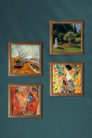 Picasso, Van Gogh, Gustav Klimt, Claude Monet Taş Duvar Tablosu Ahşap Çerçeveli Duvar Dekoru 4 Parça Tablo Seti Wall Art