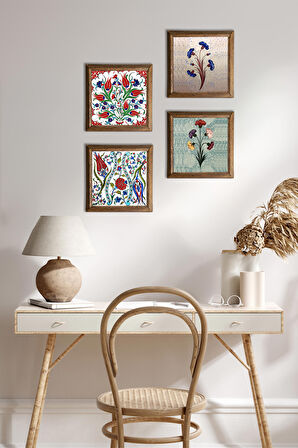 Ebru Sanatı, Lale Taş Duvar Tablosu Ahşap Çerçeveli Duvar Dekoru 4 Parça Tablo Seti Wall Art