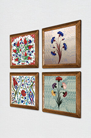 Ebru Sanatı, Lale Taş Duvar Tablosu Ahşap Çerçeveli Duvar Dekoru 4 Parça Tablo Seti Wall Art