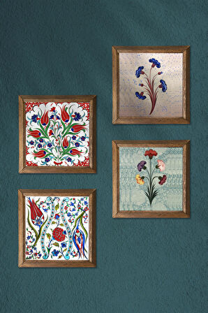 Ebru Sanatı, Lale Taş Duvar Tablosu Ahşap Çerçeveli Duvar Dekoru 4 Parça Tablo Seti Wall Art