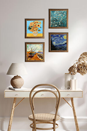Van Gogh Taş Duvar Tablosu Ahşap Çerçeveli Duvar Dekoru 4 Parça Tablo Seti Wall Art