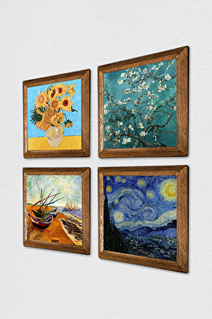 Van Gogh Taş Duvar Tablosu Ahşap Çerçeveli Duvar Dekoru 4 Parça Tablo Seti Wall Art