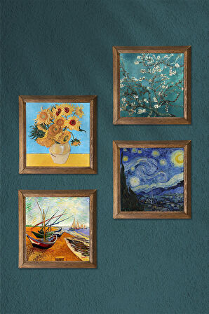 Van Gogh Taş Duvar Tablosu Ahşap Çerçeveli Duvar Dekoru 4 Parça Tablo Seti Wall Art