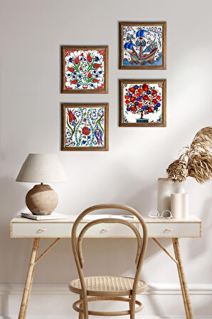 Çini Sanatı Yelkenli Gemi, Lale, Nar Ağacı Taş Duvar Tablosu Ahşap Çerçeveli Duvar Dekoru 4 Parça Tablo Seti Wall Art