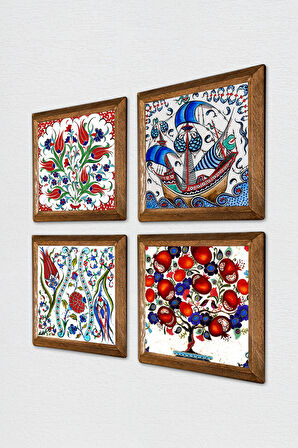 Çini Sanatı Yelkenli Gemi, Lale, Nar Ağacı Taş Duvar Tablosu Ahşap Çerçeveli Duvar Dekoru 4 Parça Tablo Seti Wall Art