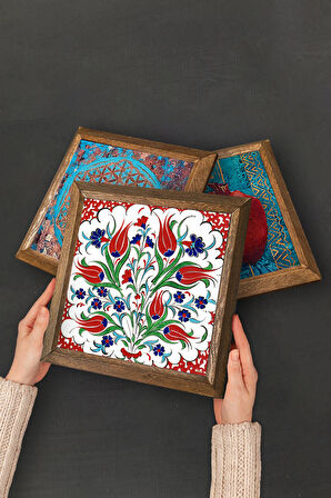 Çini Sanatı Yelkenli Gemi, Lale, Nar Ağacı Taş Duvar Tablosu Ahşap Çerçeveli Duvar Dekoru 4 Parça Tablo Seti Wall Art