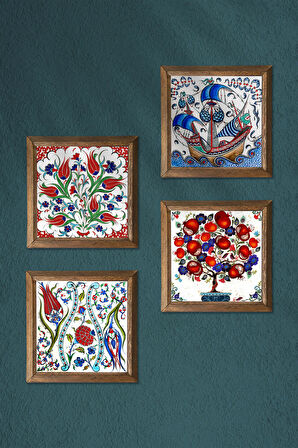 Çini Sanatı Yelkenli Gemi, Lale, Nar Ağacı Taş Duvar Tablosu Ahşap Çerçeveli Duvar Dekoru 4 Parça Tablo Seti Wall Art