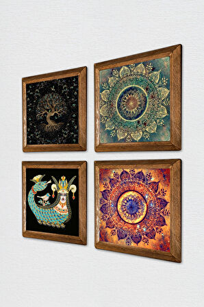 Mandala, Hayat Ağacı, Şahmeran Taş Duvar Tablosu Ahşap Çerçeveli Duvar Dekoru 4 Parça Tablo Seti Wall Art