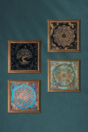 Sri Yantra, Yaşam Çiçeği, Hayat Ağacı Taş Duvar Tablosu Ahşap Çerçeveli Duvar Dekoru 4 Parça Tablo Seti Wall Art