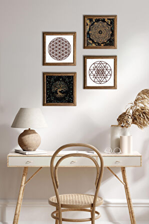 Yaşam Çiçeği, Sri Yantra, Hayat Ağacı Taş Duvar Tablosu Ahşap Çerçeveli Duvar Dekoru 4 Parça Tablo Seti Wall Art