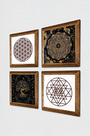 Yaşam Çiçeği, Sri Yantra, Hayat Ağacı Taş Duvar Tablosu Ahşap Çerçeveli Duvar Dekoru 4 Parça Tablo Seti Wall Art