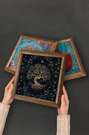 Yaşam Çiçeği, Sri Yantra, Hayat Ağacı Taş Duvar Tablosu Ahşap Çerçeveli Duvar Dekoru 4 Parça Tablo Seti Wall Art