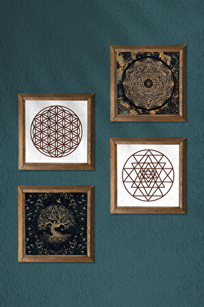 Yaşam Çiçeği, Sri Yantra, Hayat Ağacı Taş Duvar Tablosu Ahşap Çerçeveli Duvar Dekoru 4 Parça Tablo Seti Wall Art