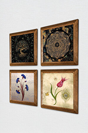 Ebru Sanatı, Sri Yantra, Hayat Ağacı, Lale Taş Duvar Tablosu Ahşap Çerçeveli Duvar Dekoru 4 Parça Tablo Seti Wall Art