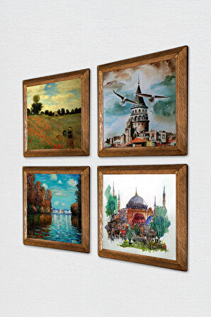 Claude Monet Sonbahar, Gelincikler, Ayasofya, Galata Kulesi Taş Duvar Tablosu Ahşap Çerçeveli Duvar Dekoru 4 Parça Tablo Seti Wall Art