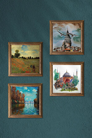 Claude Monet Sonbahar, Gelincikler, Ayasofya, Galata Kulesi Taş Duvar Tablosu Ahşap Çerçeveli Duvar Dekoru 4 Parça Tablo Seti Wall Art