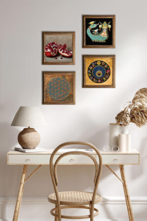 Yaşam Çiçeği, Nazar, Şahmeran, Nar Taş Duvar Tablosu Ahşap Çerçeveli Duvar Dekoru 4 Parça Tablo Seti Wall Art