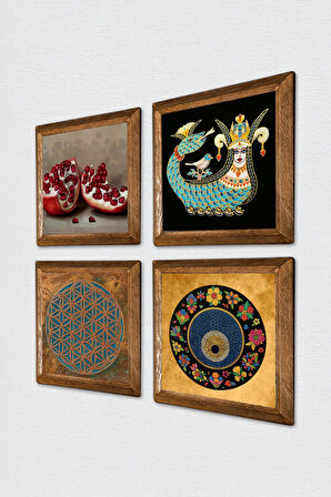 Yaşam Çiçeği, Nazar, Şahmeran, Nar Taş Duvar Tablosu Ahşap Çerçeveli Duvar Dekoru 4 Parça Tablo Seti Wall Art