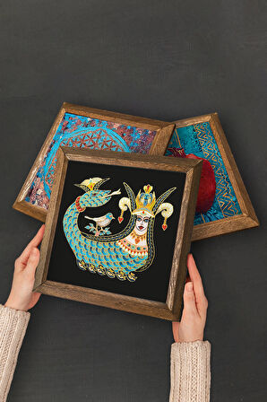Yaşam Çiçeği, Nazar, Şahmeran, Nar Taş Duvar Tablosu Ahşap Çerçeveli Duvar Dekoru 4 Parça Tablo Seti Wall Art