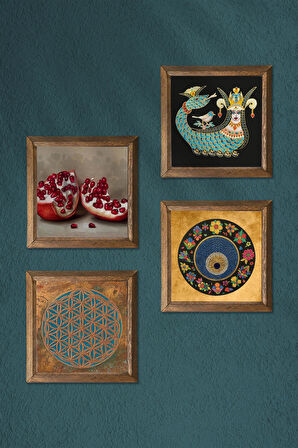 Yaşam Çiçeği, Nazar, Şahmeran, Nar Taş Duvar Tablosu Ahşap Çerçeveli Duvar Dekoru 4 Parça Tablo Seti Wall Art