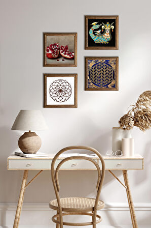 Yaşam Çiçeği, Şahmeran, Nar Taş Duvar Tablosu Ahşap Çerçeveli Duvar Dekoru 4 Parça Tablo Seti Wall Art