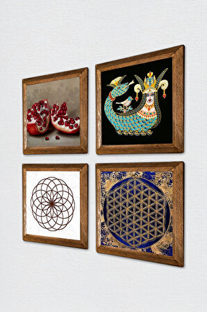 Yaşam Çiçeği, Şahmeran, Nar Taş Duvar Tablosu Ahşap Çerçeveli Duvar Dekoru 4 Parça Tablo Seti Wall Art