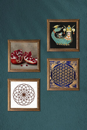 Yaşam Çiçeği, Şahmeran, Nar Taş Duvar Tablosu Ahşap Çerçeveli Duvar Dekoru 4 Parça Tablo Seti Wall Art