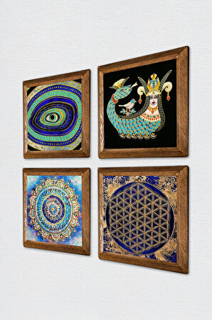Mandala, Nazar, Yaşam Çiçeği, Şahmeran Taş Duvar Tablosu Ahşap Çerçeveli Duvar Dekoru 4 Parça Tablo Seti Wall Art