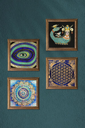 Mandala, Nazar, Yaşam Çiçeği, Şahmeran Taş Duvar Tablosu Ahşap Çerçeveli Duvar Dekoru 4 Parça Tablo Seti Wall Art