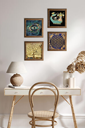 Nazar, Yaşam Çiçeği, Gustav Klimt Hayat Ağacı, Şahmeran Taş Duvar Tablosu Ahşap Çerçeveli Duvar Dekoru 4 Parça Tablo Seti Wall Art