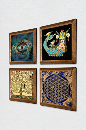 Nazar, Yaşam Çiçeği, Gustav Klimt Hayat Ağacı, Şahmeran Taş Duvar Tablosu Ahşap Çerçeveli Duvar Dekoru 4 Parça Tablo Seti Wall Art