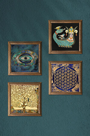 Nazar, Yaşam Çiçeği, Gustav Klimt Hayat Ağacı, Şahmeran Taş Duvar Tablosu Ahşap Çerçeveli Duvar Dekoru 4 Parça Tablo Seti Wall Art