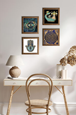 Nazar, Yaşam Çiçeği, Şahmeran, Fatma Ana Eli (Hamsa) Taş Duvar Tablosu Ahşap Çerçeveli Duvar Dekoru 4 Parça Tablo Seti Wall Art