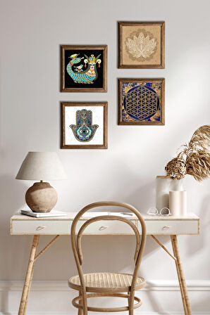 Lotus Çiçeği, Yaşam Çiçeği, Şahmeran, Fatma Ana Eli (Hamsa) Taş Duvar Tablosu Ahşap Çerçeveli Duvar Dekoru 4 Parça Tablo Seti Wall Art