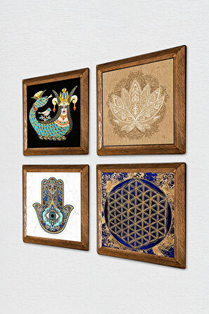 Lotus Çiçeği, Yaşam Çiçeği, Şahmeran, Fatma Ana Eli (Hamsa) Taş Duvar Tablosu Ahşap Çerçeveli Duvar Dekoru 4 Parça Tablo Seti Wall Art