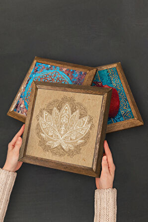 Lotus Çiçeği, Yaşam Çiçeği, Şahmeran, Fatma Ana Eli (Hamsa) Taş Duvar Tablosu Ahşap Çerçeveli Duvar Dekoru 4 Parça Tablo Seti Wall Art