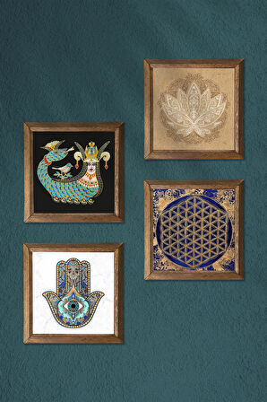 Lotus Çiçeği, Yaşam Çiçeği, Şahmeran, Fatma Ana Eli (Hamsa) Taş Duvar Tablosu Ahşap Çerçeveli Duvar Dekoru 4 Parça Tablo Seti Wall Art